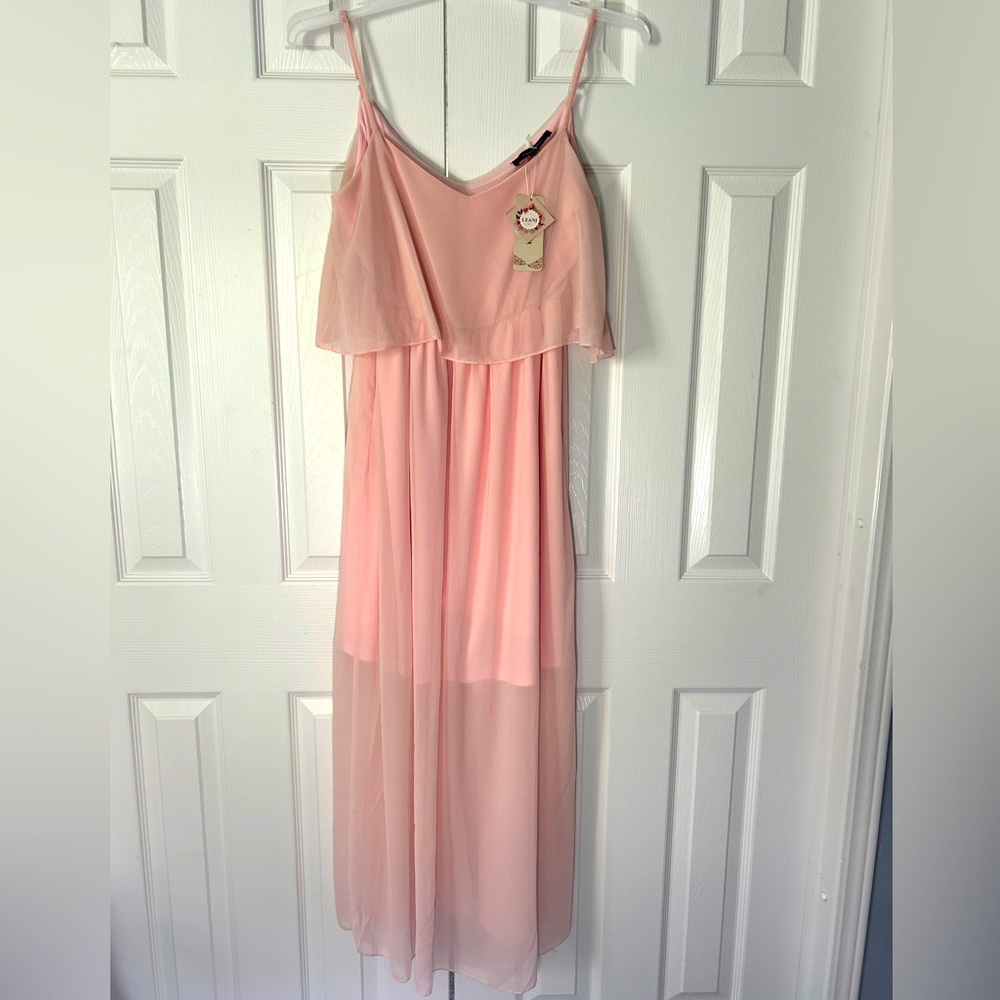 Leani Maxi Dress Pink Layered Lined Spaghetti Strap Adjustable V Neck Size XL